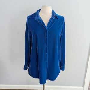 Women's Soft Surroundings Small Royal Blue Velvet Button Down Blouse